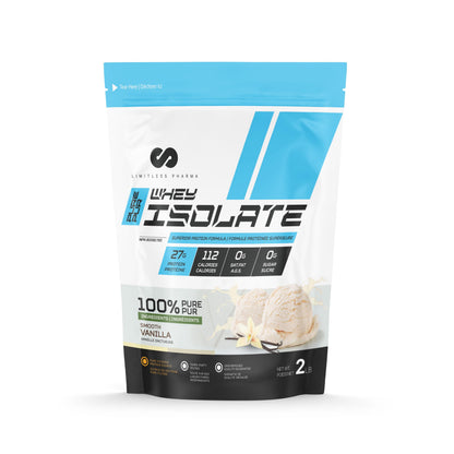 Limitless Pharma Pure Whey Isolate | High Protein Whey Isolate Powder | 27g Protein, 6g BCAAs, Sugar Free, Gluten Free, Low Carb, Low Lactose | 30 Servings, 2LB (Vanilla) - Available at All In One Marketplace Canada
