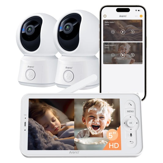 Arenti Baby Monitor 2 Cameras, Smart WiFi 6 Baby Cameras with 5-Inch Upgraded Wireless Display, 360° View, Auto-Night Vision, Temperature Sensor, Sound & Motion Detection, 2 Way Audio, VOX Mode (B2) - Available at All In One Marketplace Canada