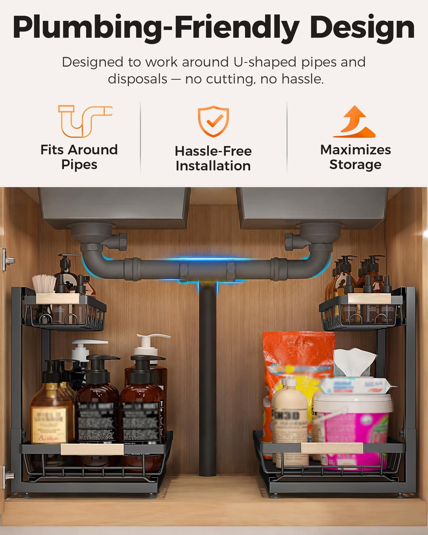 Sevenblue 2 Pack Under Sink Organizer, Height Adjustable 2 Tier Under Sink Organizer Kitchen, Multi-Purpose Storage Shelf for Kitchen Bathroom Cabinet (Black, Large) - Available at All In One Marketplace Canada