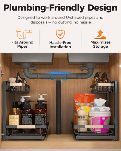 Sevenblue 2 Pack Under Sink Organizer, Height Adjustable 2 Tier Under Sink Organizer Kitchen, Multi-Purpose Storage Shelf for Kitchen Bathroom Cabinet (Black, Large) - Available at All In One Marketplace Canada