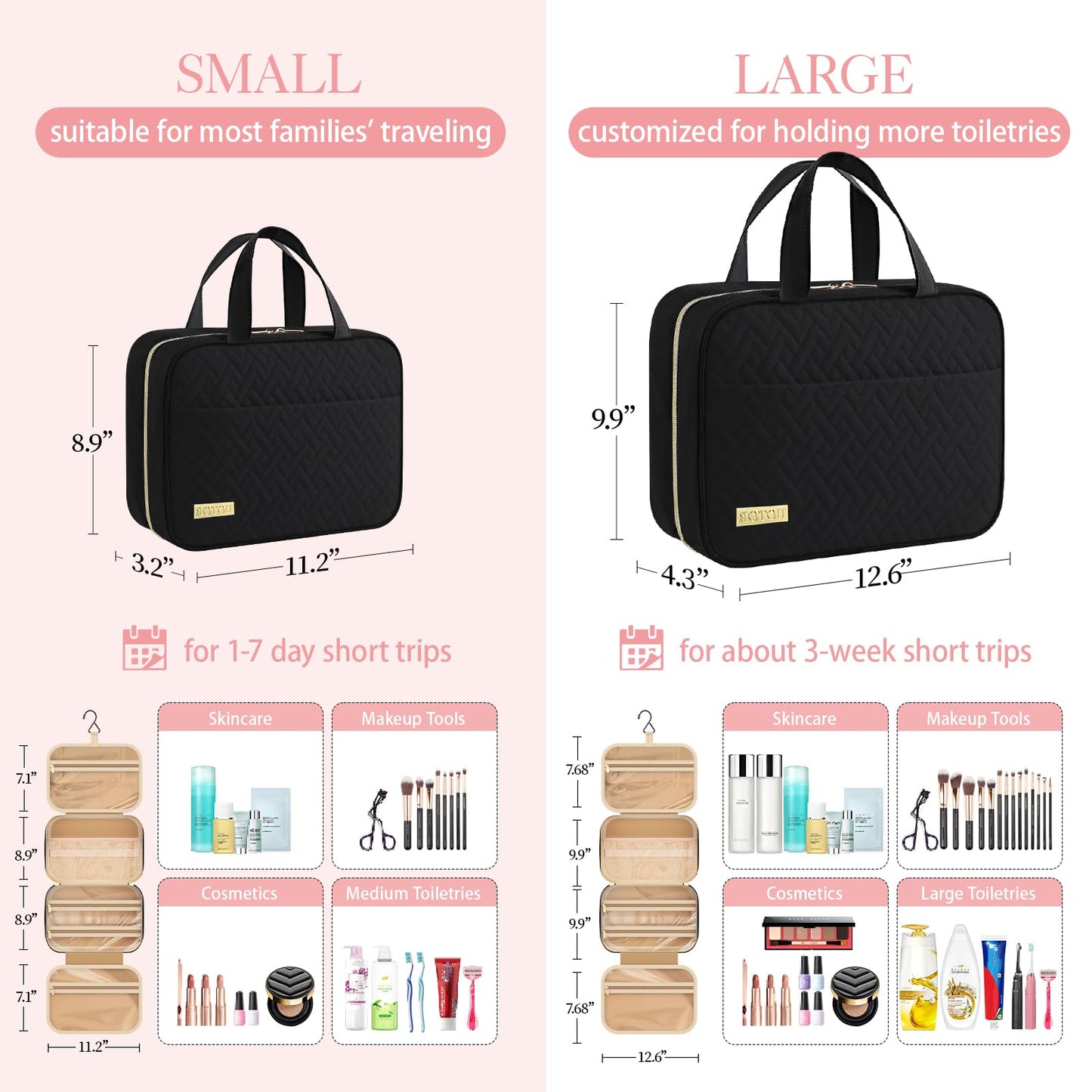 HOTOR Travel Toiletry Bag - Toiletry Bag w/Hanging Hook for Women & Men, Makeup Bag/Big Comparment, Waterproof for Travel Accessories, Travel Essentials, Small, Black - Available at All In One Marketplace Canada