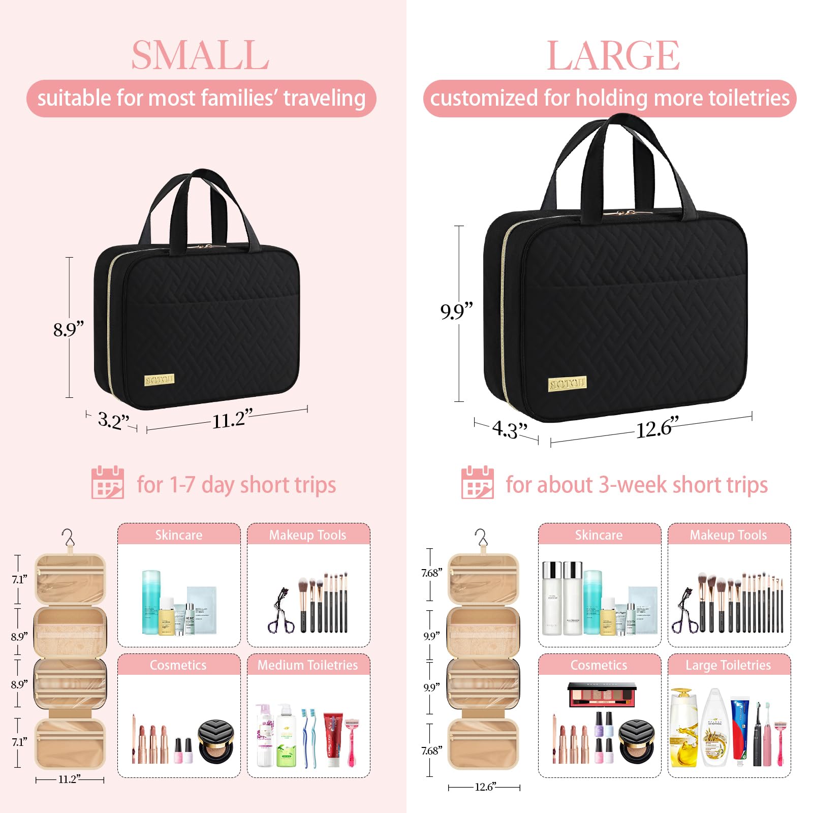 HOTOR Travel Toiletry Bag - Toiletry Bag w/Hanging Hook for Women & Men, Makeup Bag/Big Comparment, Waterproof for Travel Accessories, Travel Essentials, Small, Black - Available at All In One Marketplace Canada
