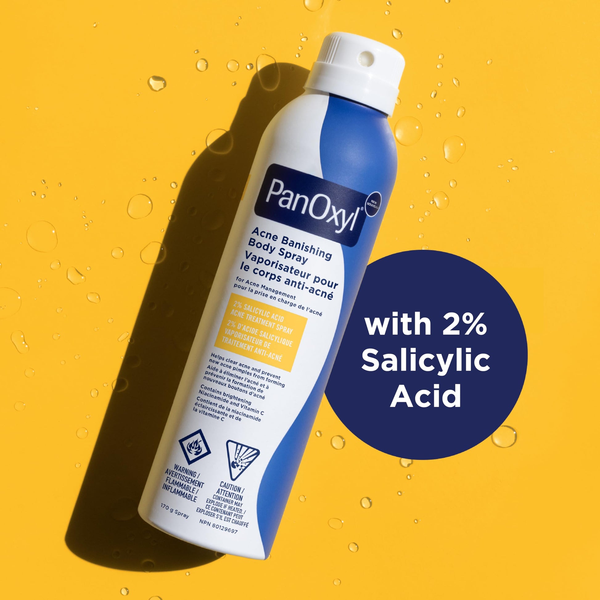 PanOxyl Acne Banishing Body Spray with 2% Salicylic Acid, Pimple Treatment to Help Clear Stubborn Breakouts, 360-Degree Spray Nozzle, Skin-Brightening Niacinamide, Vitamin C, Witch Hazel, Aloe, 170g