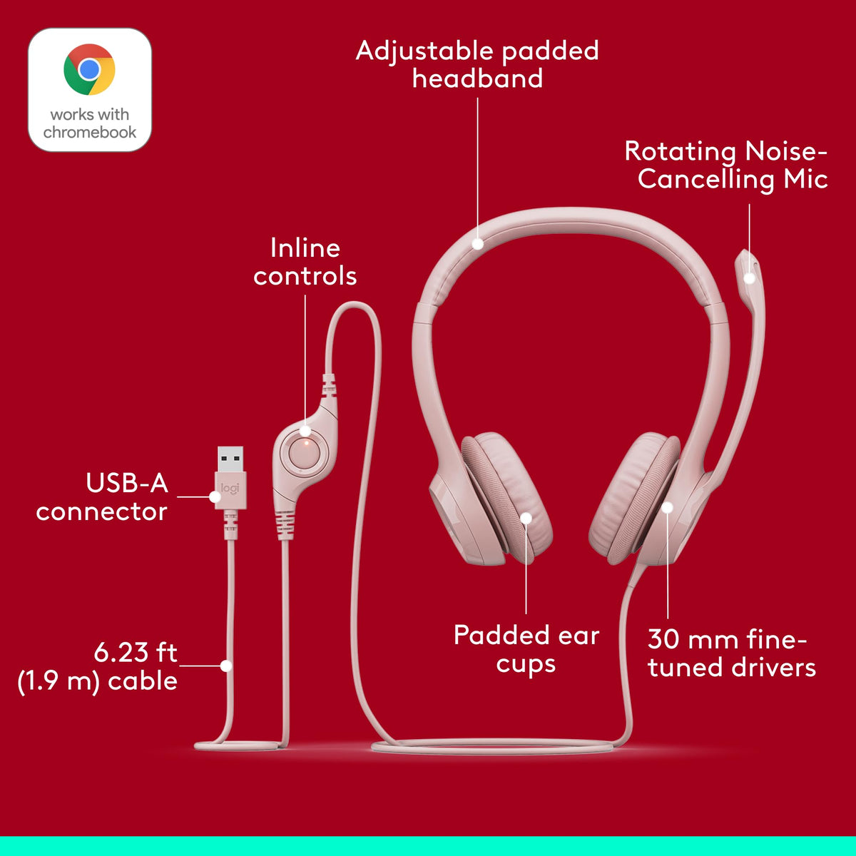 Logitech H390 Wired Headset PC/Laptop Stereo Headphones, USB-A, Rose