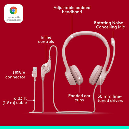 Logitech H390 Wired Headset PC/Laptop Stereo Headphones, USB-A, Rose