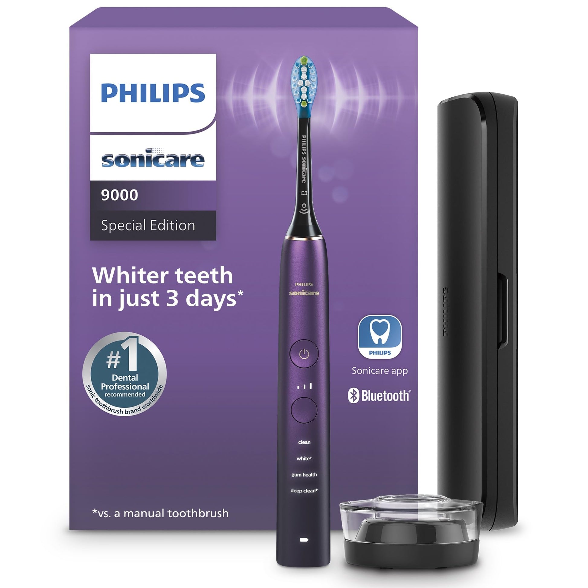 Philips Sonicare DiamondClean 9000 Electric Toothbrush - Sonic Toothbrush with App, Pressure Sensor, 12 Brushing Settings, Replacement Reminder, Charging Stand, Travel Case, Amethyst, HX9911/91