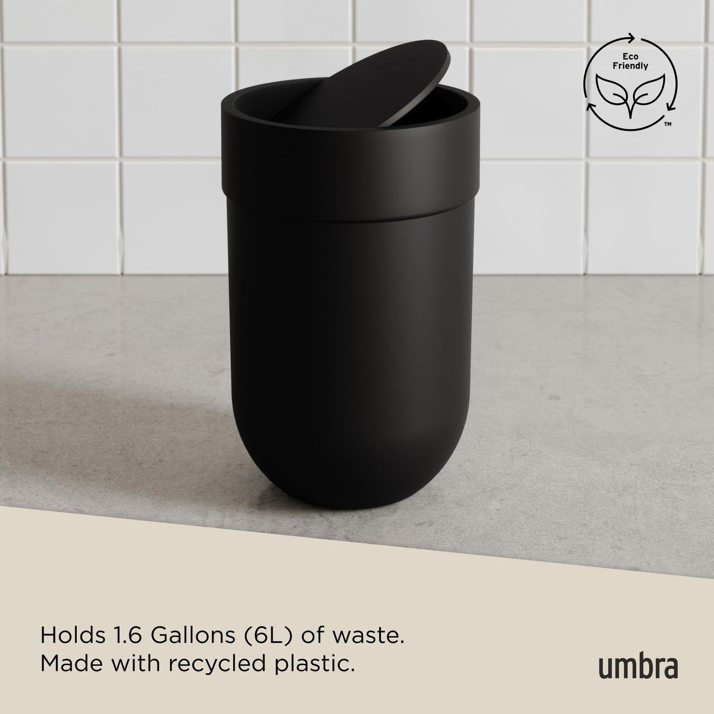 Umbra Touch Trash Can, Small 1.6-Gallon Garbage Bin with Swing Lid, Waste Basket for Bathroom or Office, Black Umbra