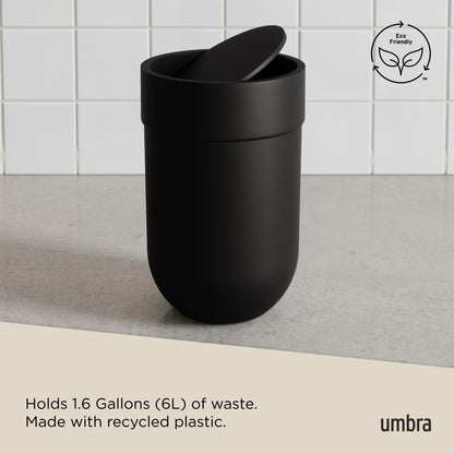 Umbra Touch Trash Can, Small 1.6-Gallon Garbage Bin with Swing Lid, Waste Basket for Bathroom or Office, Black Umbra