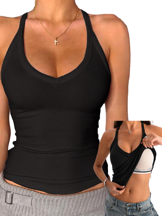 Danysu V Neck Cotton Tank Tops with Built-in Shelf Bra Sleeveless Racerback Fitted Basic Cami Shirts Black S