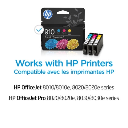 Original HP 910 Cyan, Magenta, Yellow Ink Cartridges (3-Pack) | Works with HP OfficeJet 8018, 8022; HP OfficeJet Pro 8020, 8025, 8035| Eligible for Instant Ink | 3YN97AN