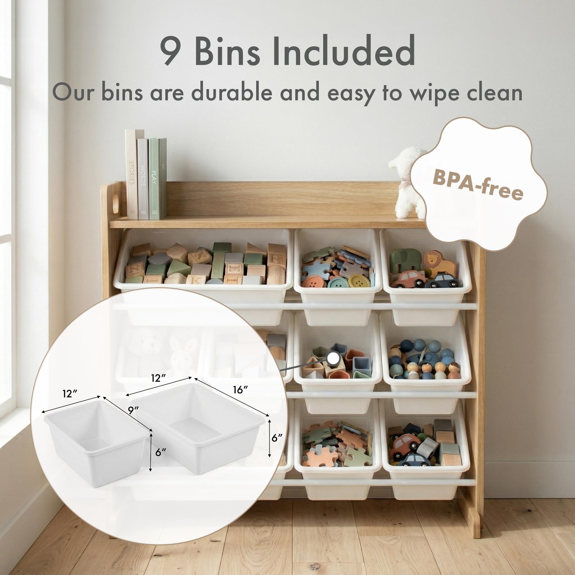 Humble Crew Toy Storage Organizer with Top Shelf and 9 Removable Bins, Natural/White – Toddler Bookshelf with Toy Organizer - Modern Toy Rack Ideal for Kids' Rooms, Playrooms, and Nurseries Humble Crew