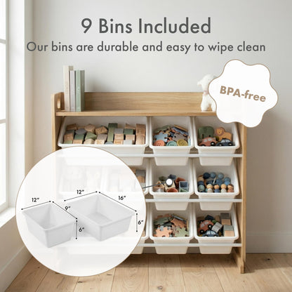 Humble Crew Toy Storage Organizer with Top Shelf and 9 Removable Bins, Natural/White – Toddler Bookshelf with Toy Organizer - Modern Toy Rack Ideal for Kids' Rooms, Playrooms, and Nurseries Humble Crew