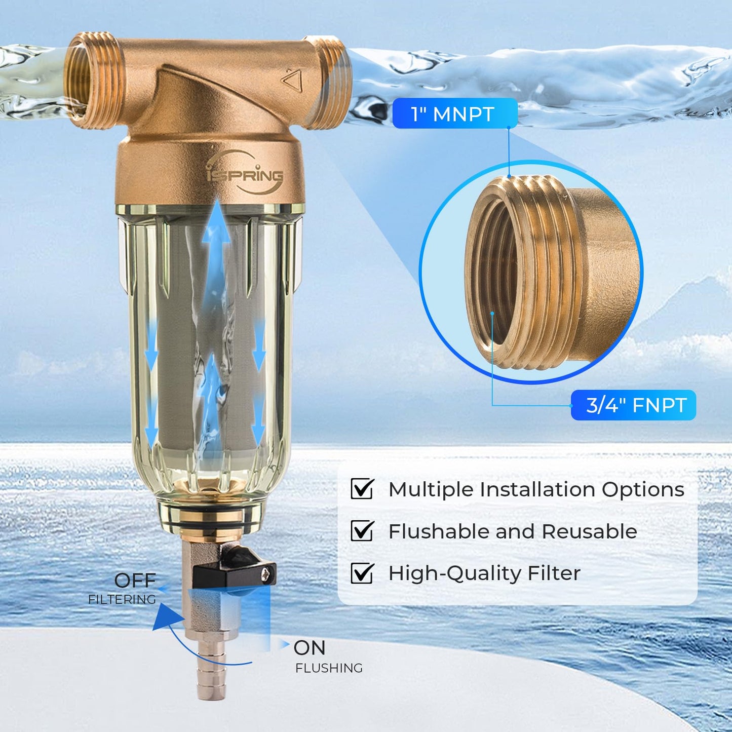 iSpring WSP-100 Spin Down Sediment Water Filter, Whole House Reusable Flushable Prefilter for Well Water, 100-Micron, 1" MNPT + 3/4" FNPT, Lead-Free Brass iSpring