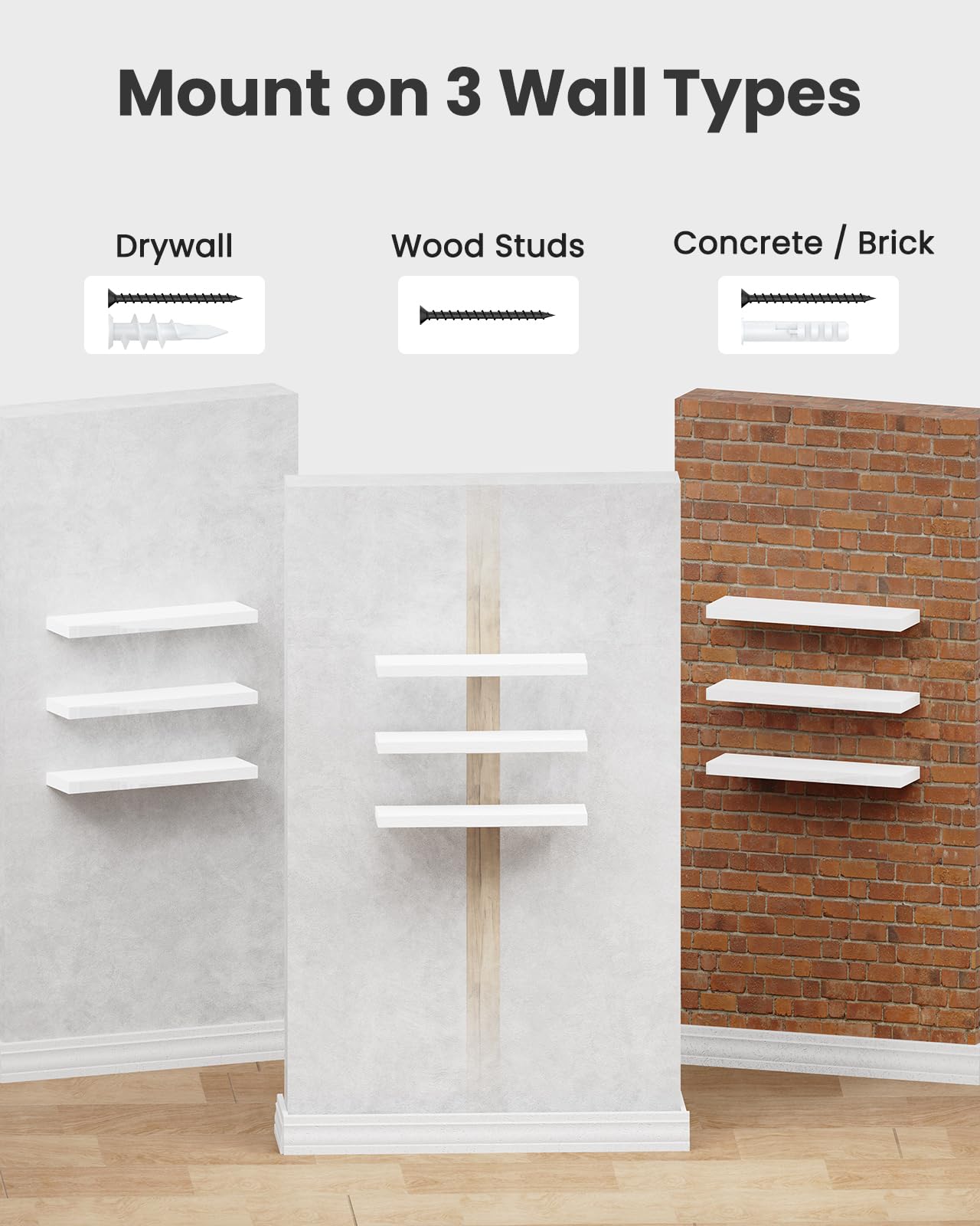 AMADA HOMEFURNISHING Floating Shelves, Wall Shelves for Bathroom/Living Room/Bedroom/Kitchen Decor, White Shelves with Invisible Brackets Set of 3 - AMFS08 - Available at All In One Marketplace Canada