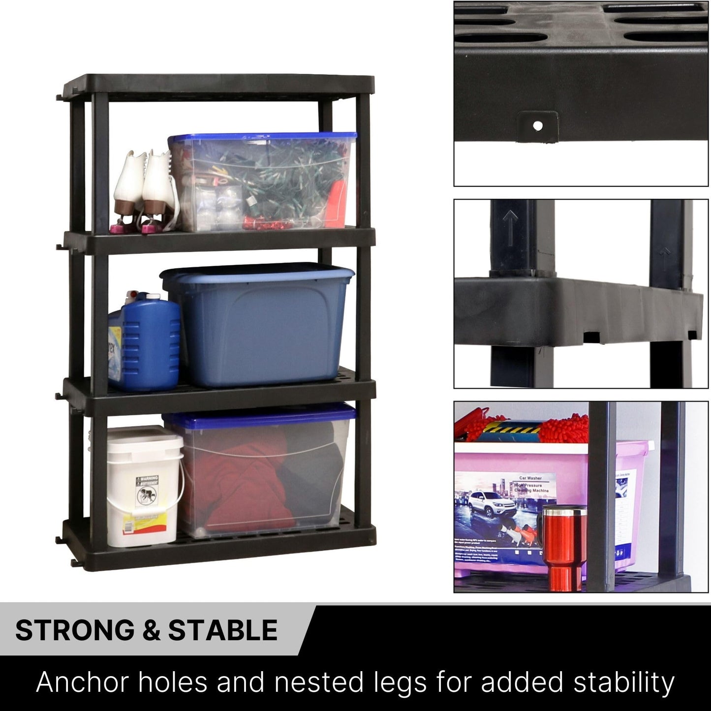 Koolatron Oscar Heavy Duty Plastic Storage Shelves- for Garage, Kitchen, Bathroom Basement, Kids Room, Toys,Stackable 4-Tier Black, Organizer Rack for Books Shoes, Pantry, Cleaning, Made in Canada Koolatron