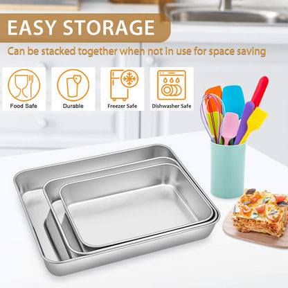 Baking Pans Set of 3, E-far Stainless Steel Sheet Cake Pan for Oven - 12.5/10.5/9.4Inch, Rectangle Bakeware Set for Cake Lasagna Brownie Casserole Cookie, Non-toxic & Healthy, Dishwasher Safe 🍁 All In One Marketplace Canada