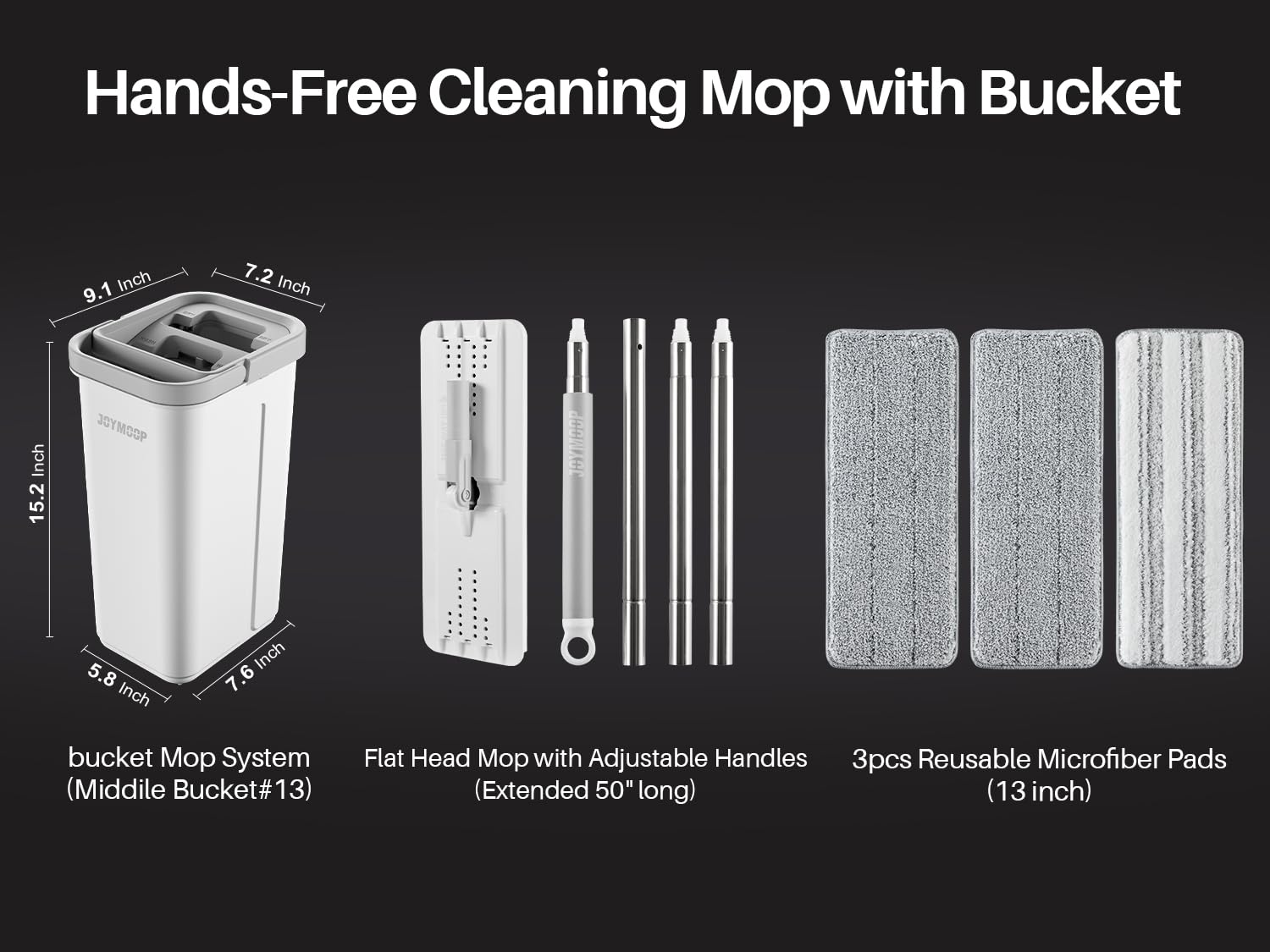 JOYMOOP Hands Free Flat Floor Mop and Bucket with Wringer Set, 3 Washable Microfiber Mops, Wet and Dry Use, Floor Cleaning System