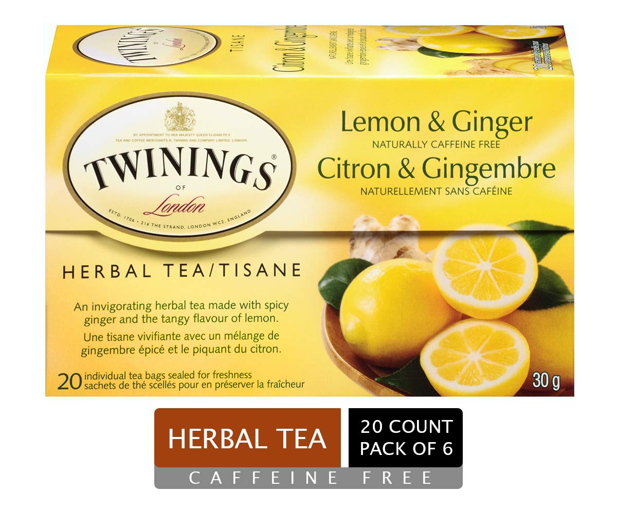 Twinings Lemon and Ginger Herbal Tea Bags - Caffeine-Free, 20 Count (Pack of 6)