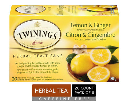 Twinings Lemon and Ginger Herbal Tea Bags - Caffeine-Free, 20 Count (Pack of 6)