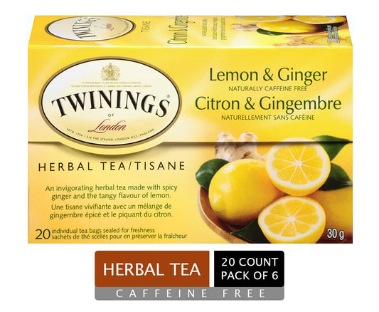 Twinings Lemon and Ginger Herbal Tea Bags - Caffeine-Free, 20 Count (Pack of 6)