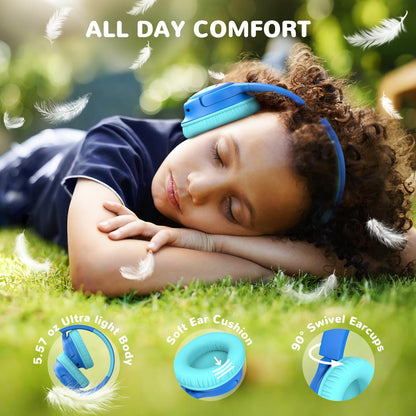 Kids Headphones Wireless with LED Lights, iClever BTH18 Safe Volume 74/85dBA, 43H Playtime, Stereo Sound, USB-C, AUX Cable, Bluetooth5.3 Over Ear Kids Toddler Headphones for Tablet/Travel, Blue