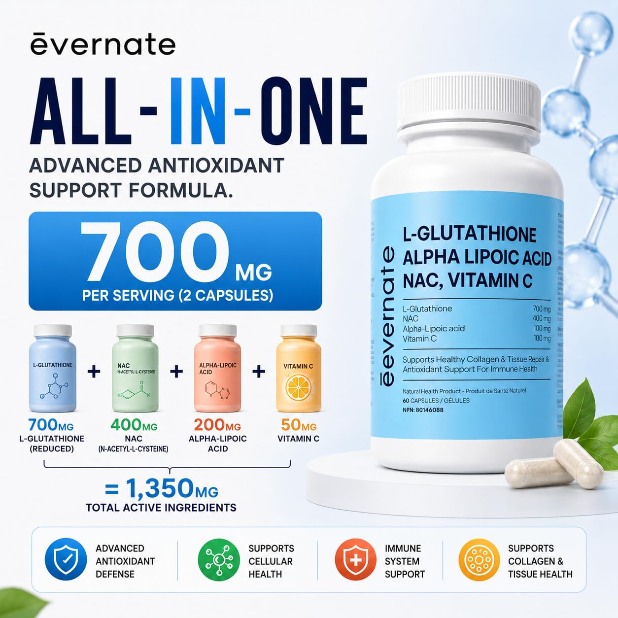 ALL-IN-ONE L-Glutathione 700 mg (Reduced) with NAC 400 mg, Alpha-Lipoic Acid 200 mg & Vitamin C (Per Serving: 2 Capsules) – Advanced Skin Brightening, Antioxidant & Immune Support Supplement – Made in Canada - Available at All In One Marketplace Canada
