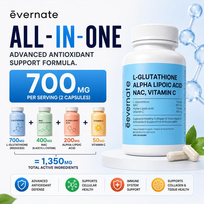 ALL-IN-ONE L-Glutathione 700 mg (Reduced) with NAC 400 mg, Alpha-Lipoic Acid 200 mg & Vitamin C (Per Serving: 2 Capsules) – Advanced Skin Brightening, Antioxidant & Immune Support Supplement – Made in Canada - Available at All In One Marketplace Canada