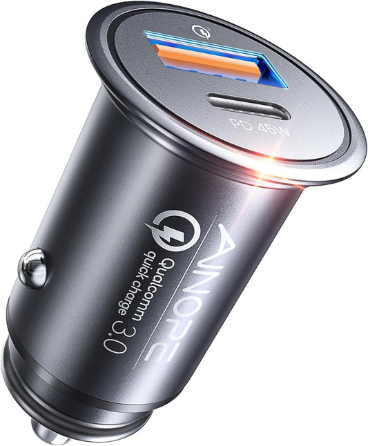 AINOPE 67.5W Mini Cigarette Lighter Adapter, [True Dual Fast Charge] Car Charger USB C Fast Charger, USB C Car Charger, Aero-Grade Metal 12V USB Outlet for iPhone 17 16 Pro Max Air Samsung Android