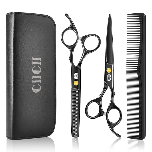 CIICII Hair Cutting Scissors Shears Kit, Professional Barber Haircut Scissors Set (6.7 Inch Hair Beard Hairdressing Trimming Haircutting Thinning Shears) for Men Women Hairdresser Home Salon (Black) - Available at All In One Marketplace Canada