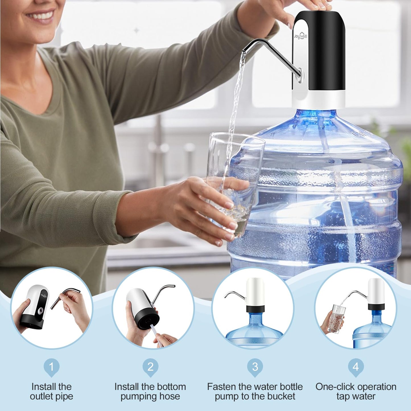 JOYHILL Water Bottle Pump, Automatic Drinking Water Pump, USB Charging, 3-5 Gallon Bottle Compatible, Portable Electric Water Jug Pump, Black, Matte Finish