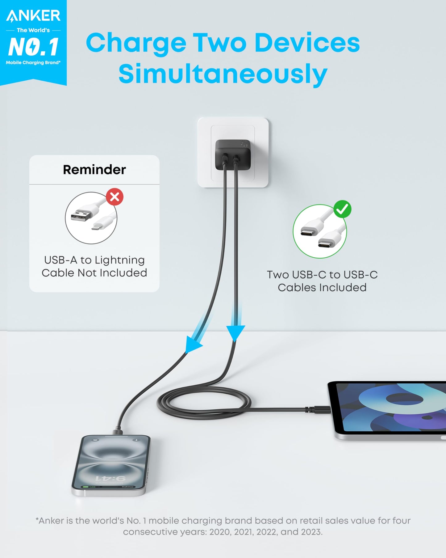 Anker iPhone 17/16 Charger, 2-Pack 20W Fast USB C Charger Block, for iPhone 17/16/16 Pro Max/15 Series/iPad Pro and More (2 Pack & 2 Cable)(Black) - Available at All In One Marketplace Canada
