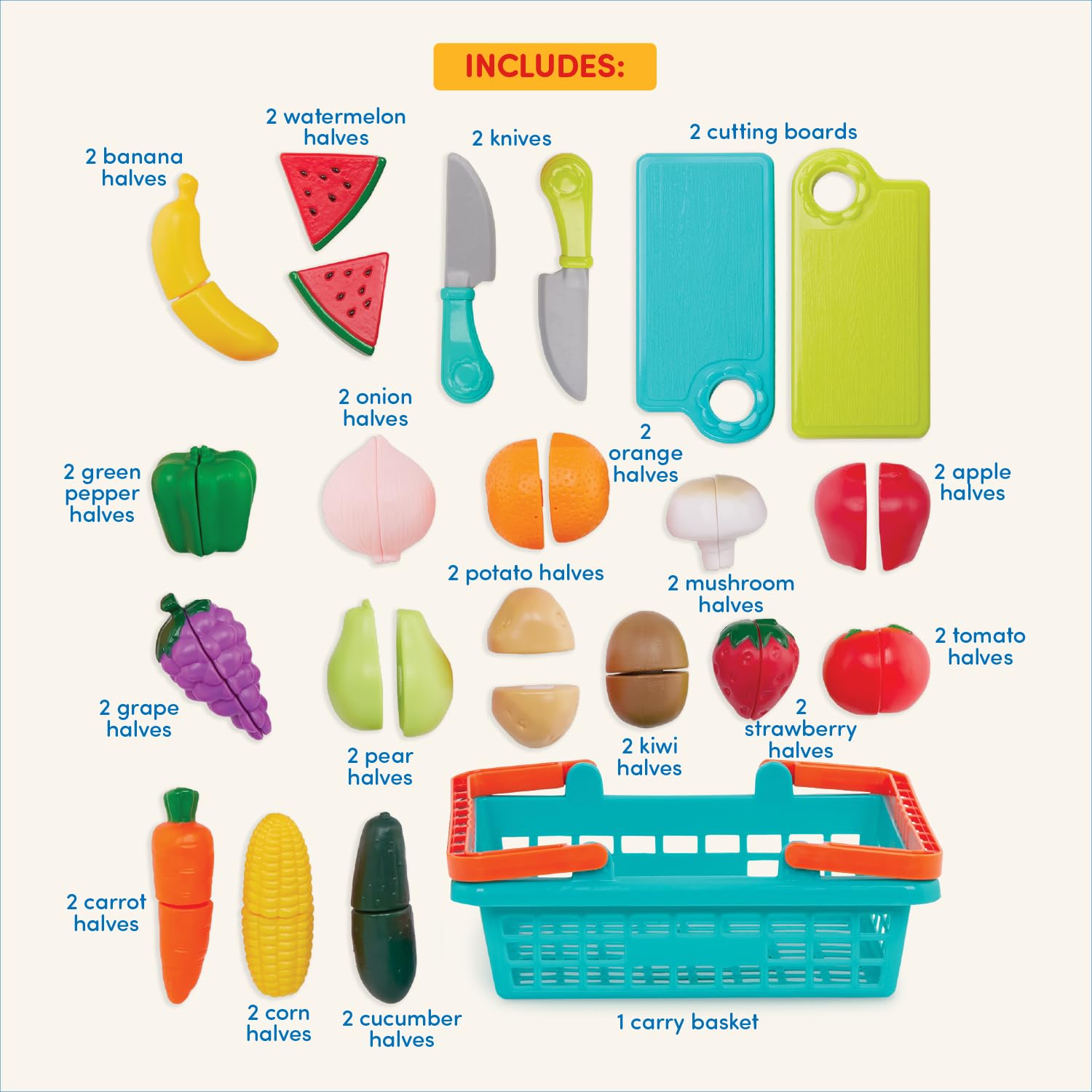 Battat Play Food Farmers Market Produce Basket, 37-Piece Green Set, Playset Battat
