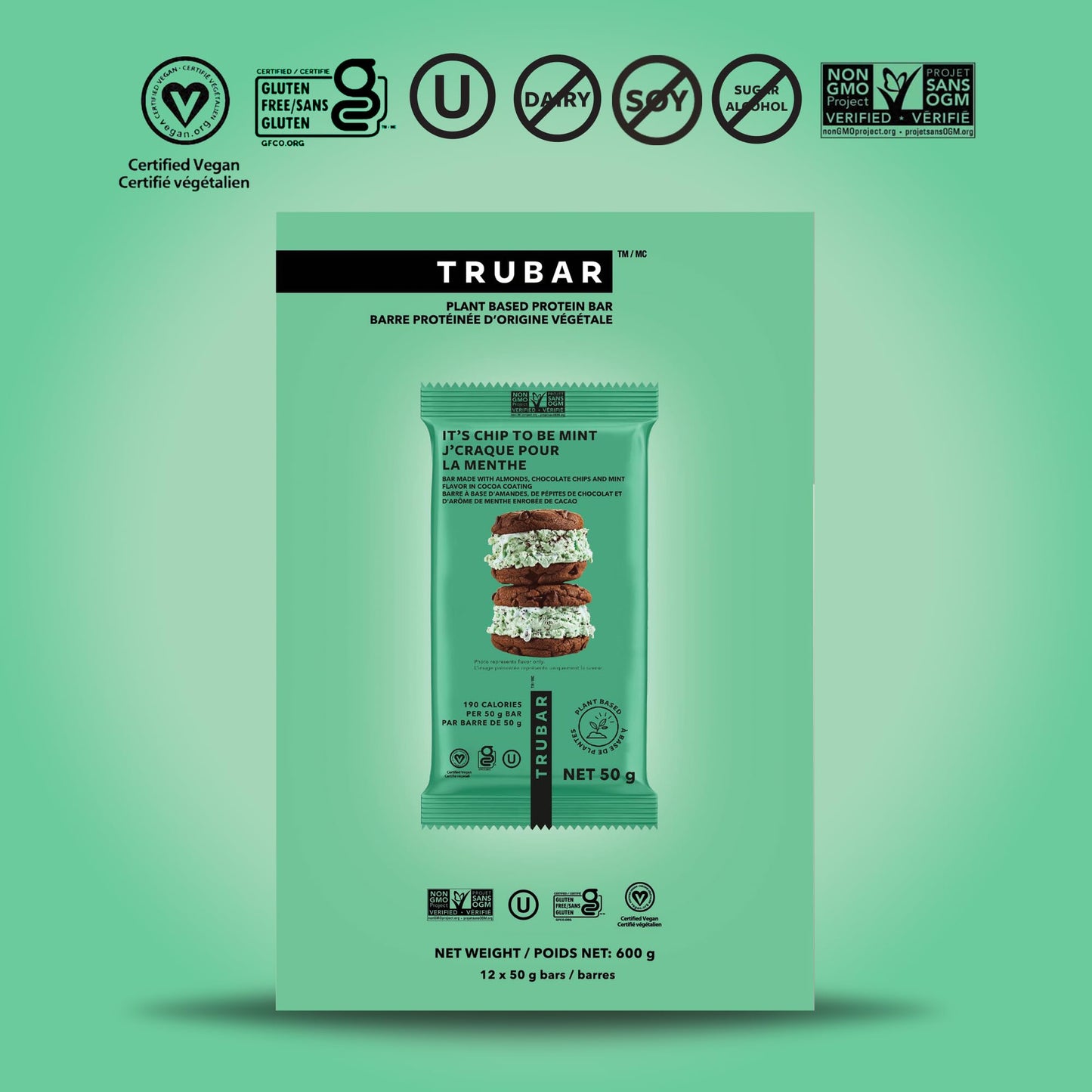 TRUBAR It's Mint to Be Chip Vegan Protein Bar - Plant-Based, Gluten-Free, 12g Protein, 13g Fiber, 12-Pack