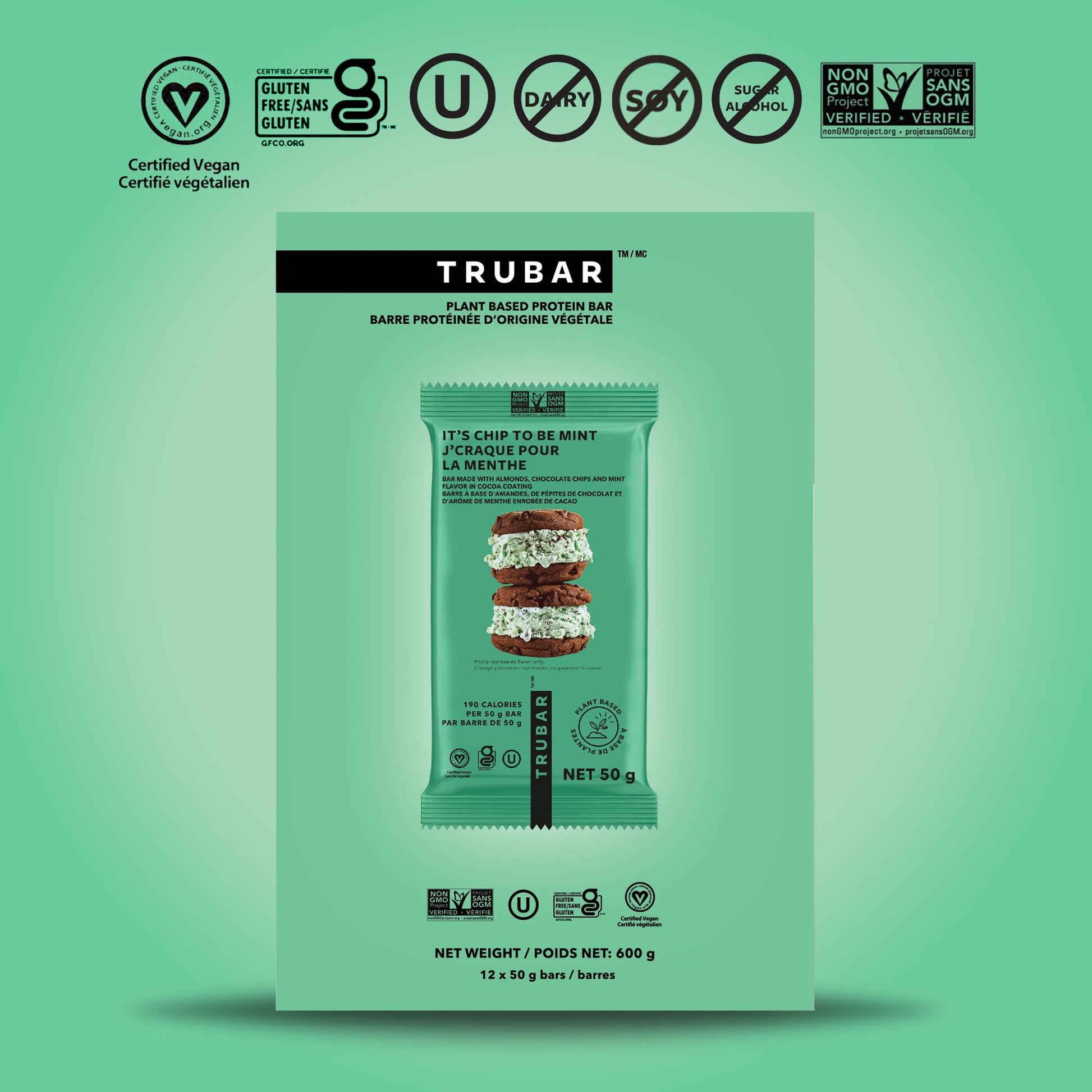 TRUBAR It's Mint to Be Chip Vegan Protein Bar - Plant-Based, Gluten-Free, 12g Protein, 13g Fiber, 12-Pack