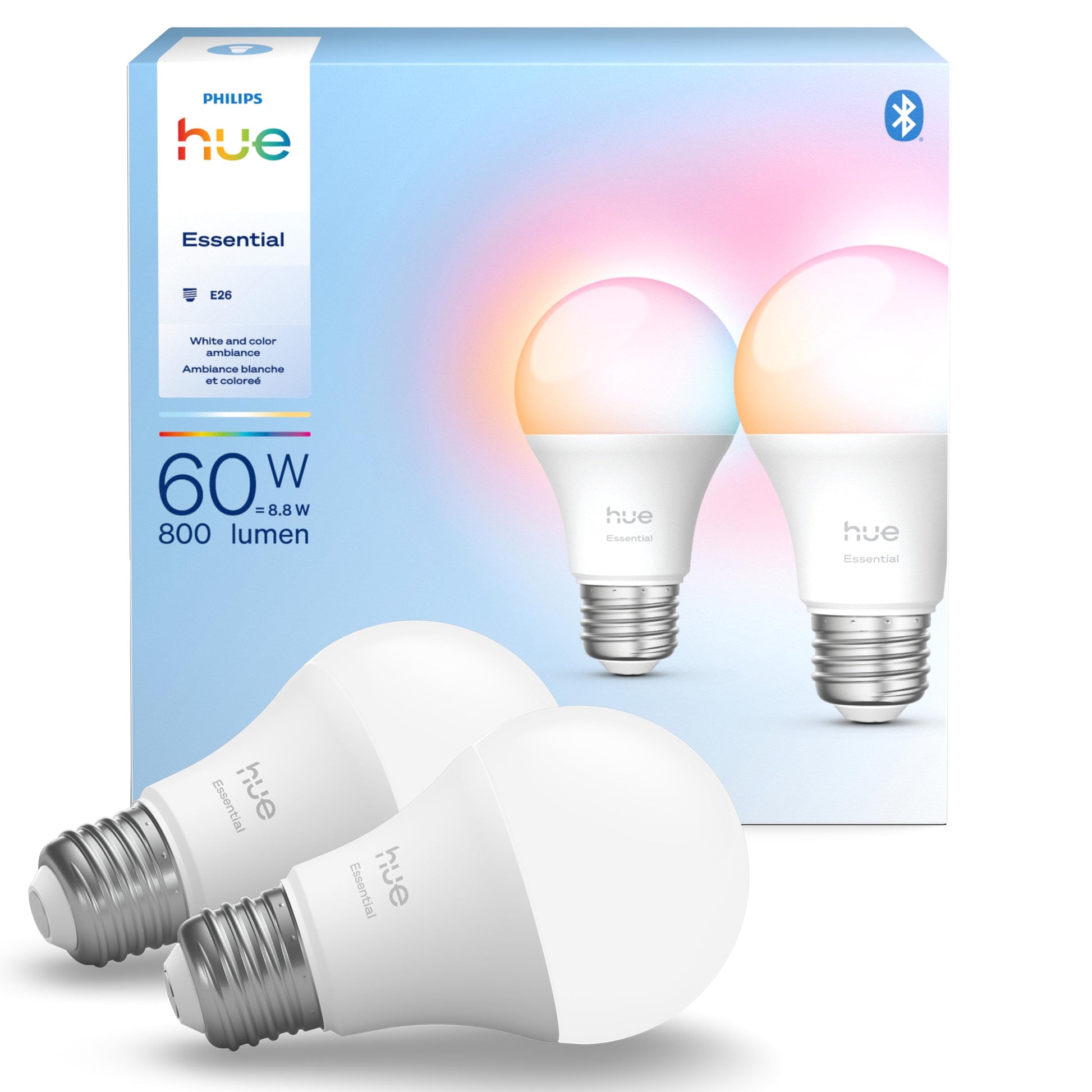 Philips Hue Essential Smart LED A19 Bulb, White and Color Ambiance, E26 Base, 8.8W, 2200K-6500K, 800 Lumens, Dimmable, Works with Alexa, Google Assistant, and Apple Home, 2 Pack Philips Hue