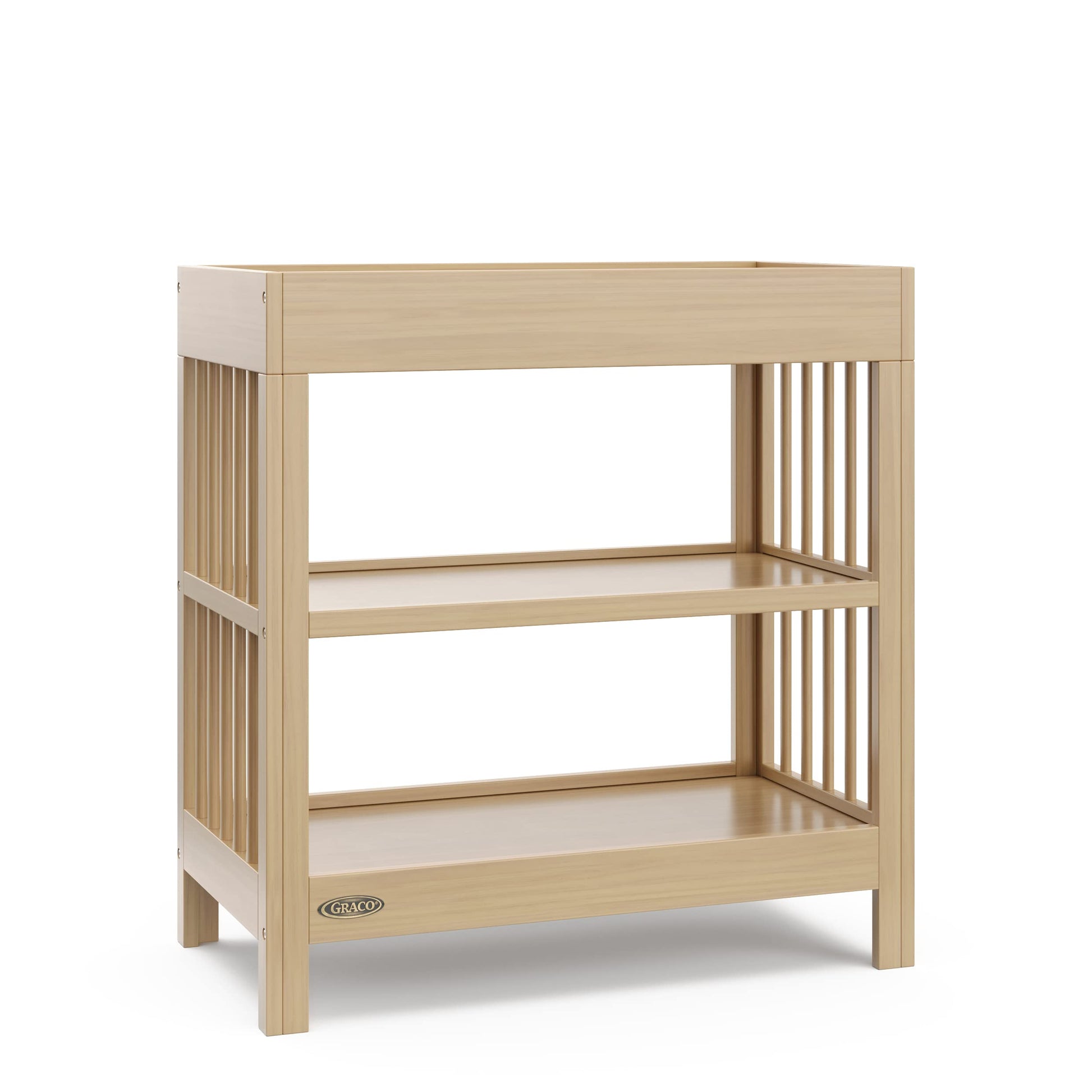 Graco Teddi Changing Table with Water-Resistant Changing Pad (Driftwood) - GREENGUARD Gold Certified, 2 Open Shelves, Includes Bonus Water-Resistant Changing Pad with Safety Strap Graco
