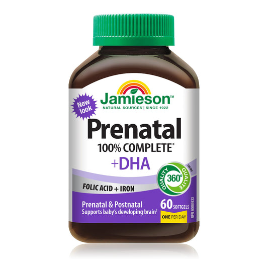Jamieson Prenatal 100% Complete Multivitamin + DHA, with Folic Acid and Iron, 60 Softgels. For Prenatal, Postnatal and Breastfeeding, Supports Baby's Developing Brain, Gluten-Free, One Per Day