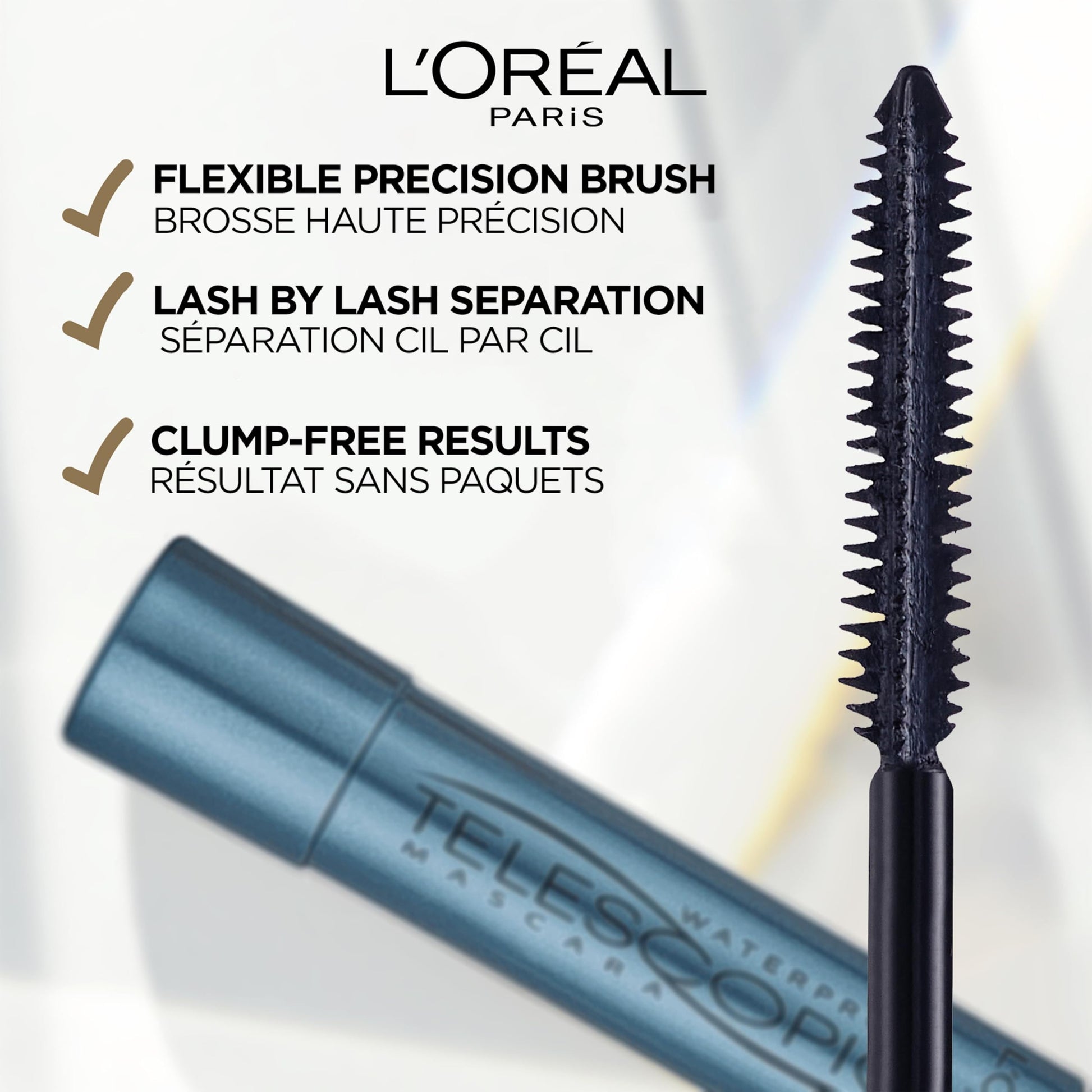L'Oreal Paris Telescopic Waterproof Mascara, Eyelash Lengthening Mascara, Unique Non-Clumping Formula, Delivers Intense Length, For Sensitive Eyes, Black, 8 ml - Available at All In One Marketplace Canada