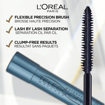 L'Oreal Paris Telescopic Waterproof Mascara, Eyelash Lengthening Mascara, Unique Non-Clumping Formula, Delivers Intense Length, For Sensitive Eyes, Black, 8 ml - Available at All In One Marketplace Canada