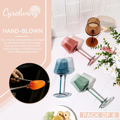 Cyrelwing Colored Wine Glasses Set of 6,Large 16oz Crystal Glasses-Unique Fall&Winter&Christmas Gift Set Her,Wife,Mom,Friend-Colorful Hand Blown Wine Glass Red White Wine Dinner 🍁 All In One Marketplace Canada