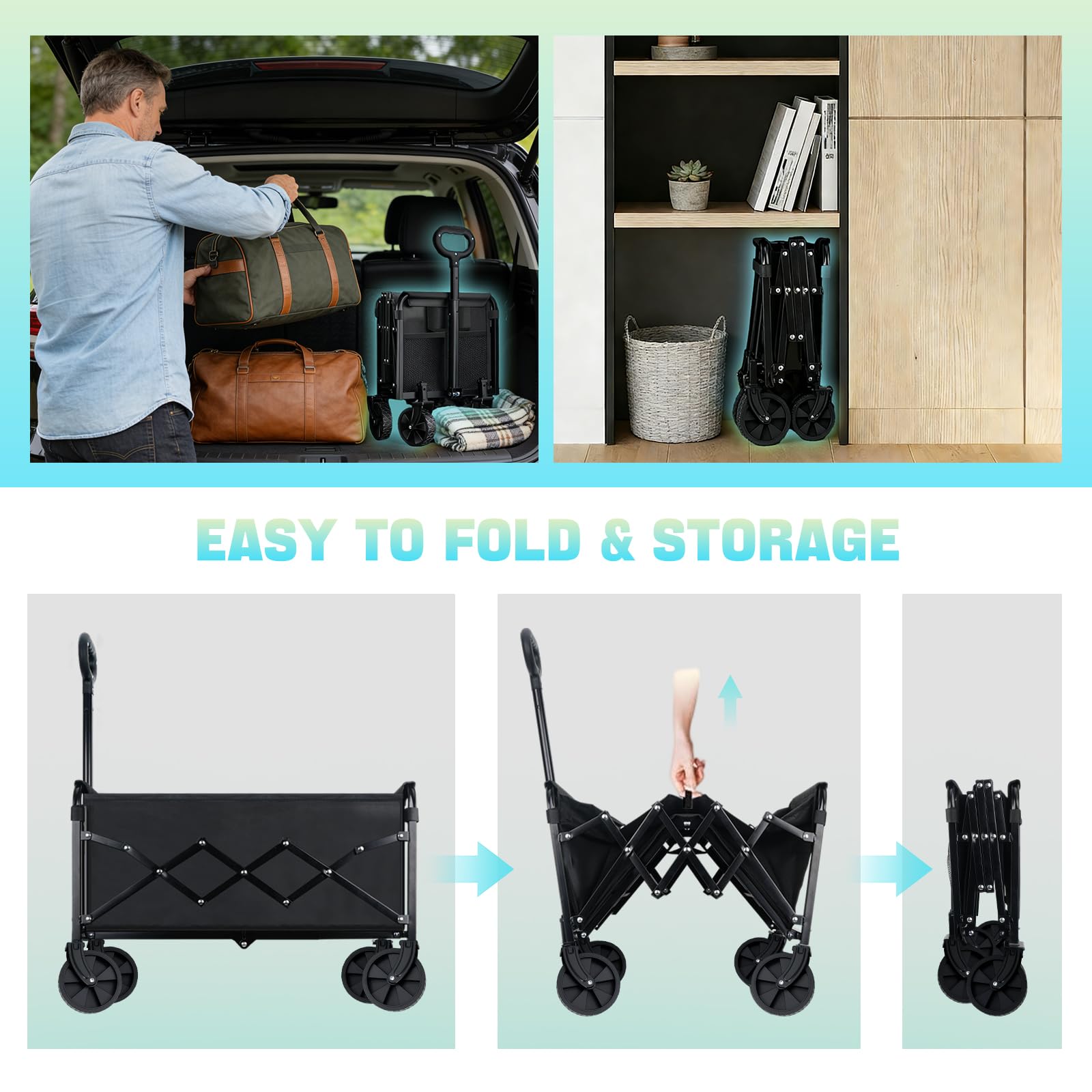 Collapsible Wagon Cart with Wheels Foldable - Lightweight 280LBS Heavy Duty Folding Utility Portable Beach Wagon with All-Terrain Wheels for Groceries Shopping Garden Sports Camping