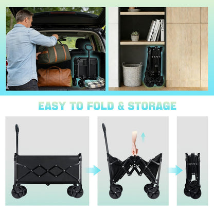 Collapsible Wagon Cart with Wheels Foldable - Lightweight 280LBS Heavy Duty Folding Utility Portable Beach Wagon with All-Terrain Wheels for Groceries Shopping Garden Sports Camping