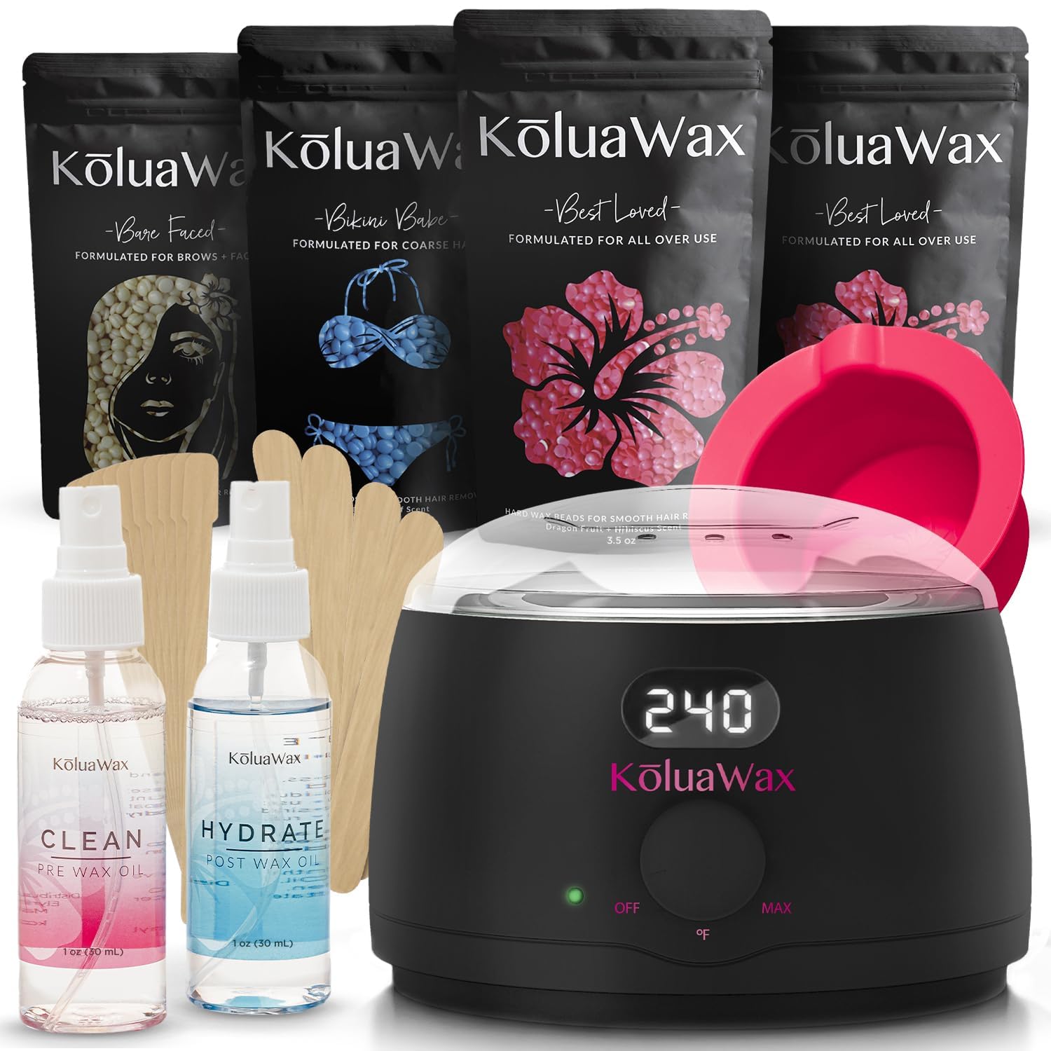 KoluaWax Premium Waxing Kit for Women - Burn-Free Wax Kits for Hair Removal for Women, Hard Wax Kit with Wax Pot, Wax Machine, Wax Warmer, Bikini and Brazilian Wax Kit for Women (Black)