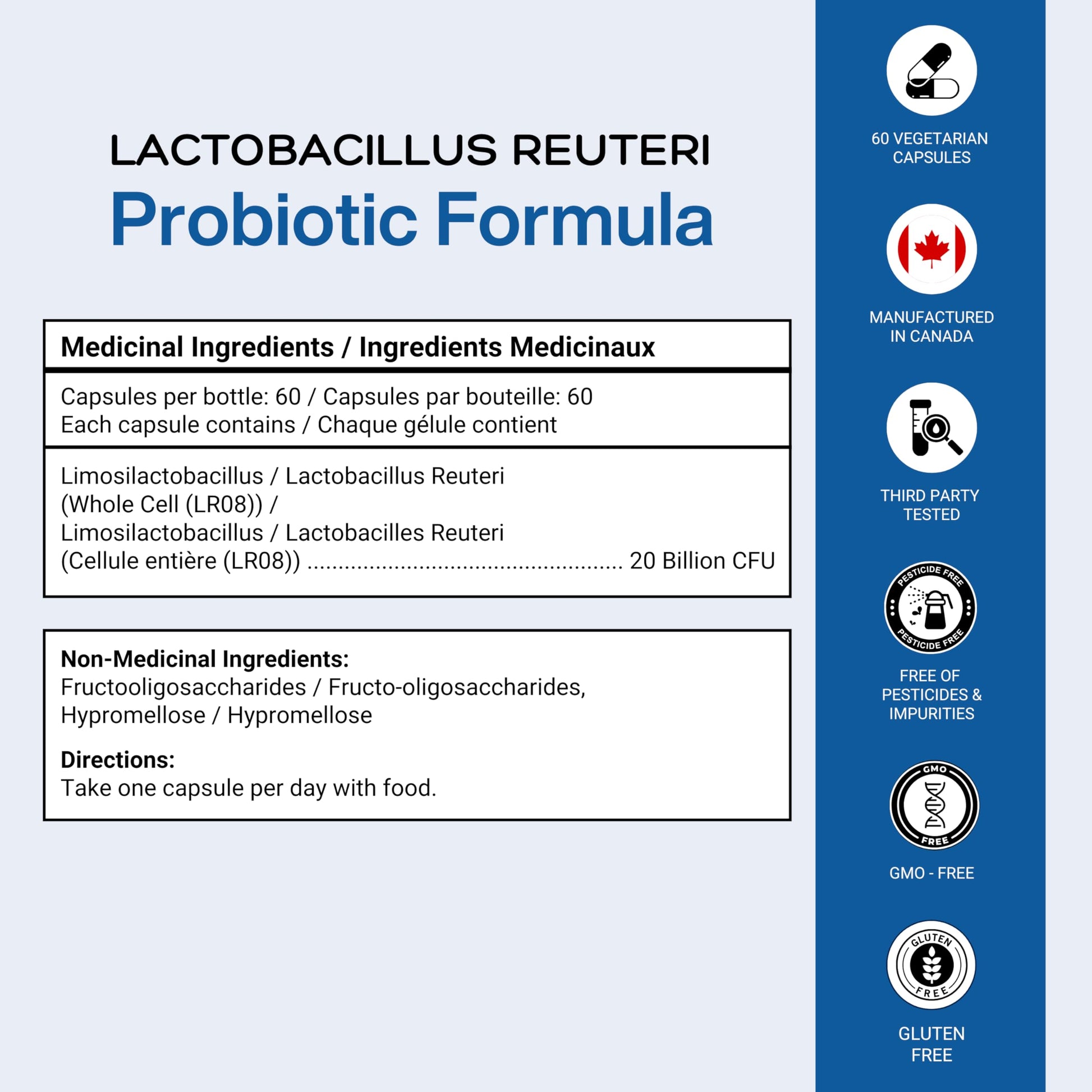 Lactobacillus Reuteri Probiotic 20 Billion CFU - L Reuteri Probiotic - Highest CFU Count, Gut Health, Yogurt Starter Culture, Probiotic With Prebiotic FOS, Made In Canada, 60 Capsules - Available at All In One Marketplace Canada