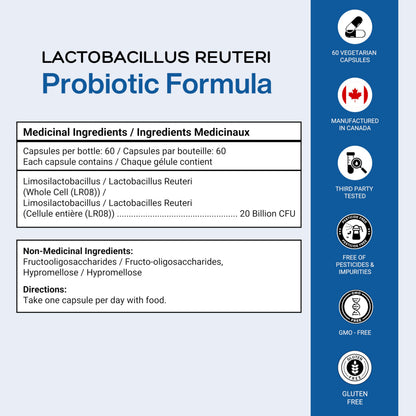 Lactobacillus Reuteri Probiotic 20 Billion CFU - L Reuteri Probiotic - Highest CFU Count, Gut Health, Yogurt Starter Culture, Probiotic With Prebiotic FOS, Made In Canada, 60 Capsules - Available at All In One Marketplace Canada