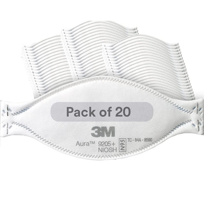 3M Aura Particulate Respirator 9205+, N95, Pack of 20 Disposable Respirators, Individually Wrapped, 3 Panel Flat Fold Design Allows for Facial Movements, Comfortable, NIOSH Approved - Available at All In One Marketplace Canada