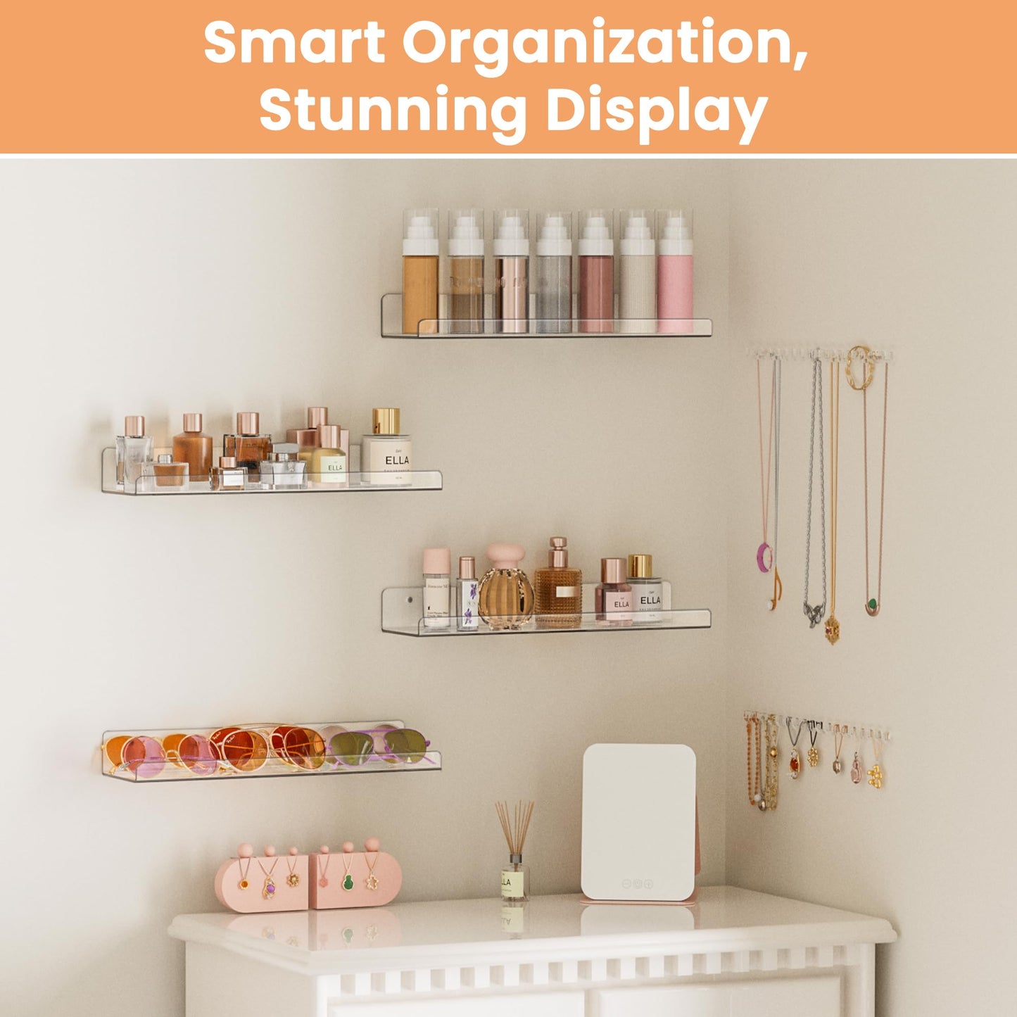 upsimples Clear Acrylic Shelves for Storage, 15" Floating Shelves Wall Mounted for Kids Bookshelf/Display Ledge for Bedroom, Living Room, Bathroom, Kitchen, Set of 4