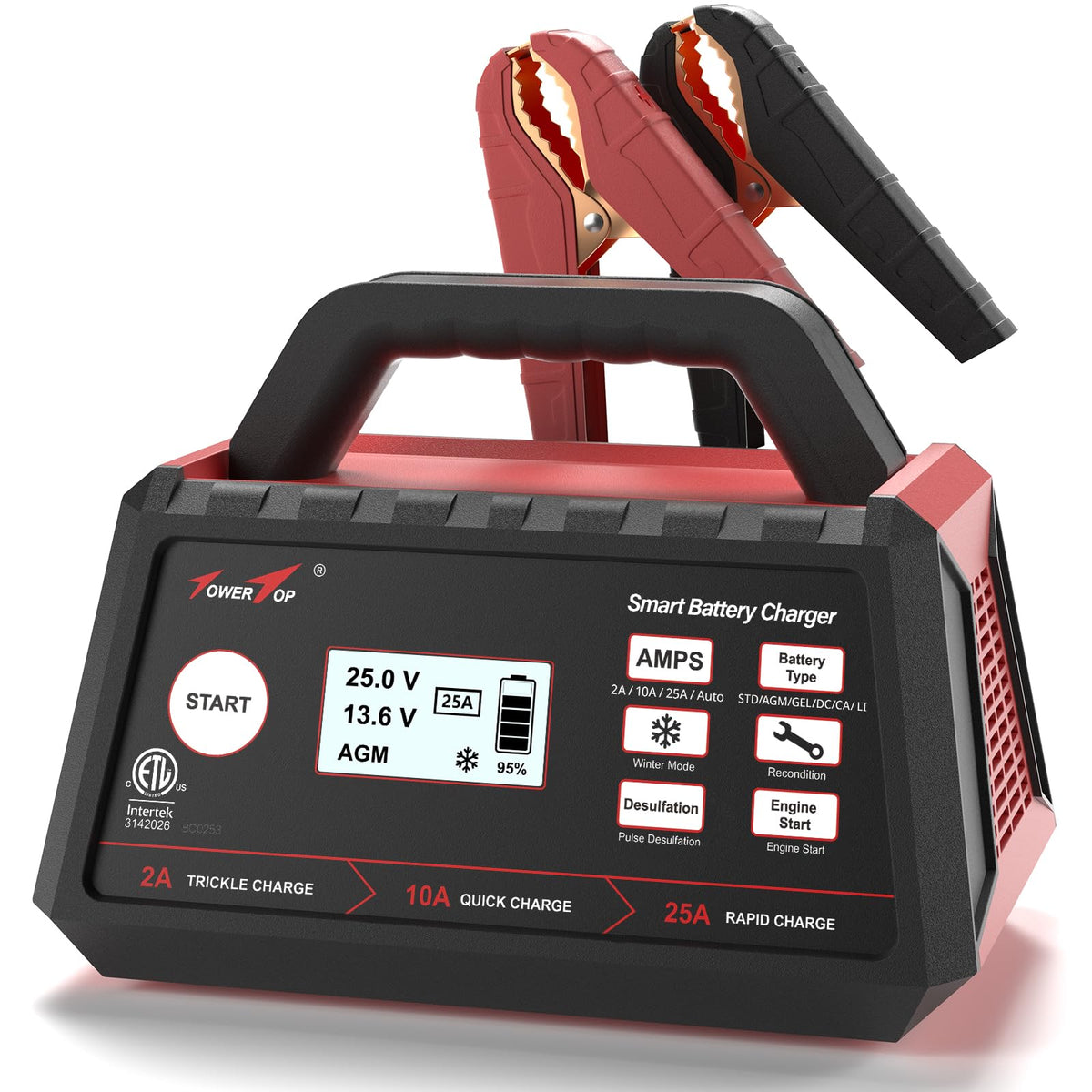 TowerTop 2/10/25 Amp 12V Smart Car Battery Charger, Fully Automatic Battery Maintainer with Engine Start, Auto Desulfator, Battery Repair, Winter Mode, for AGM, STD, Gel, Deep Cycle Batteries（Red） 🍁 All In One Marketplace Canada