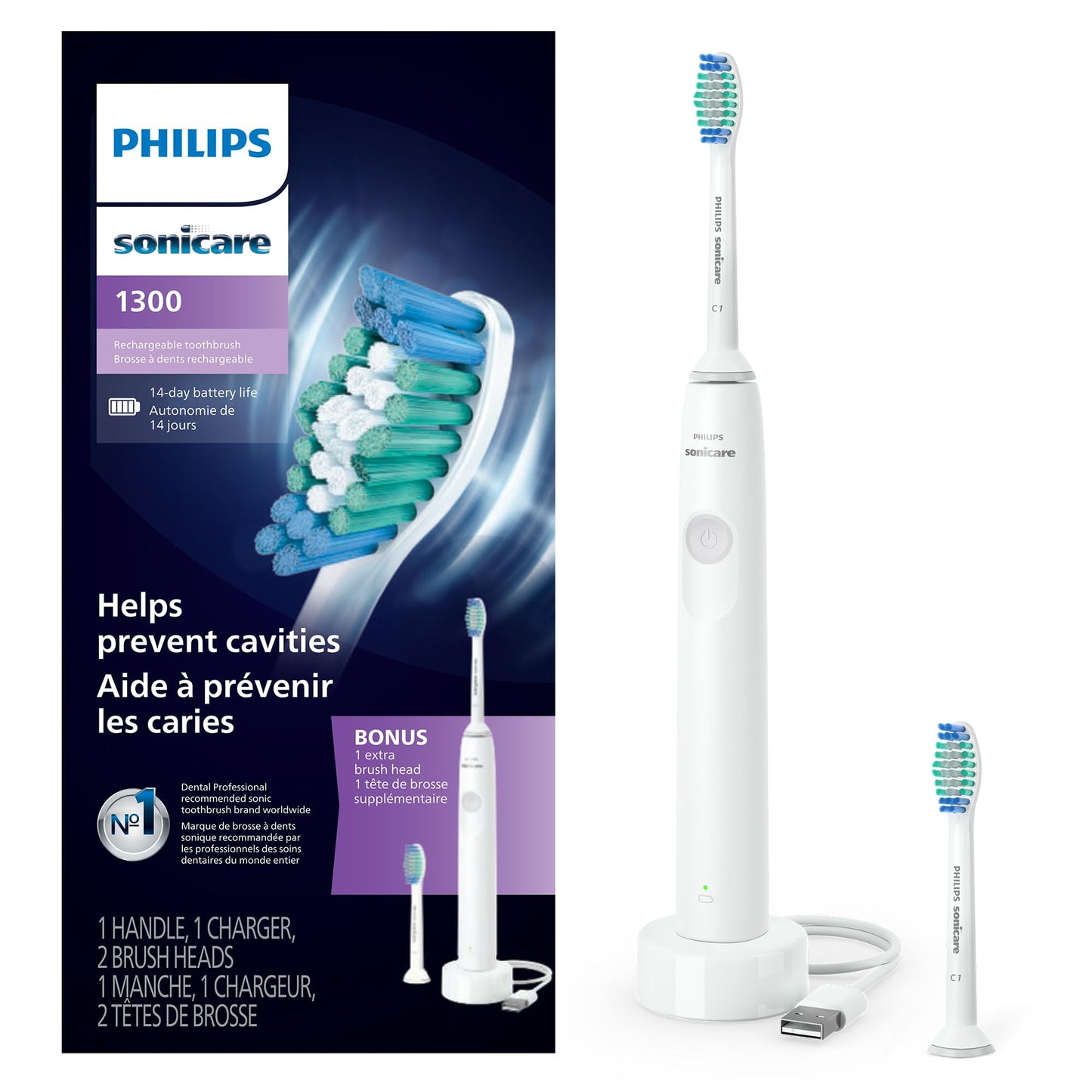 Philips Sonicare 1300 Rechargeable Electric Toothbrush, 2 Brush Head, White Philips Sonicare