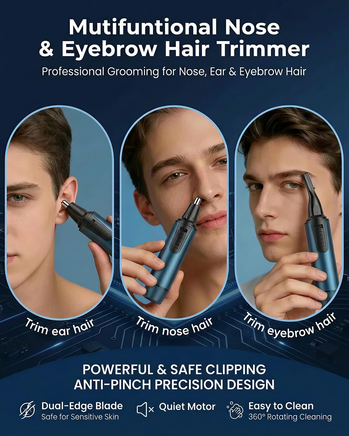 Nose Hair Trimmer for Men and Women Professional USB Rechargeable Ear and Nose Trimmer for Ear Eyebrow Facial Hair Trimmer Body Grooming Kit IPX7 Waterproof Dual Edge Blades for Easy Cleansing - Available at All In One Marketplace Canada